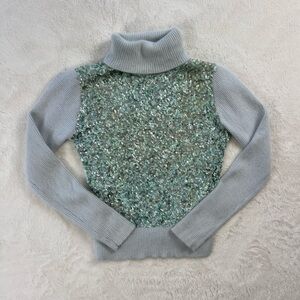 Lindarico 90s Angora Blend Blue & Green Sequin Embellished Turtleneck Sweater